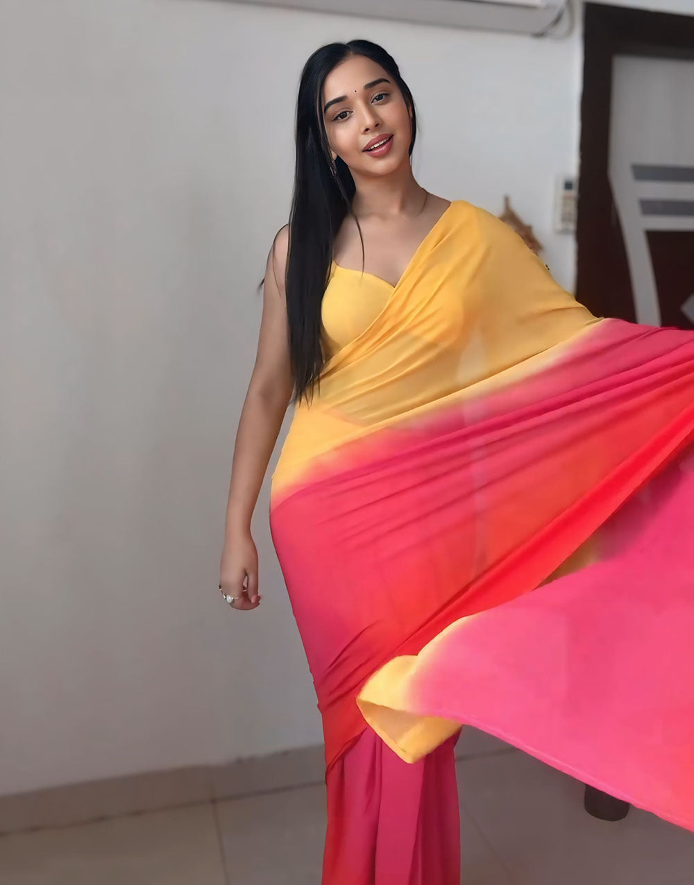 Yellow & Pink Georgette Ready To Wear Saree