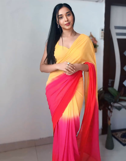 Yellow & Pink Georgette Ready To Wear Saree