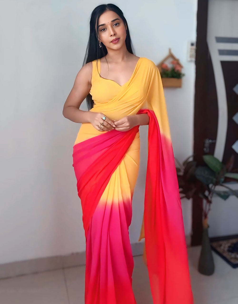 Yellow & Pink Georgette Ready To Wear Saree