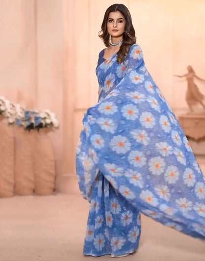 Steel Blue Georgette Ready To Wear Saree With Printed Work