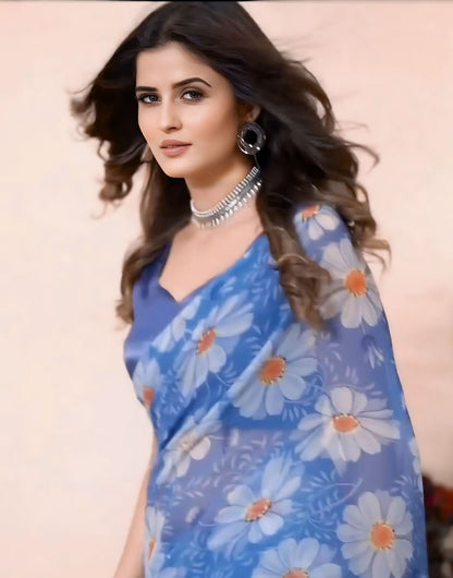 Steel Blue Georgette Ready To Wear Saree With Printed Work