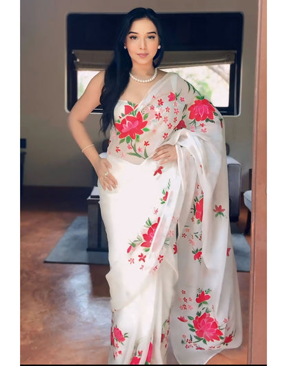 White Georgette Ready to Wear Saree With Digitel Printed Work