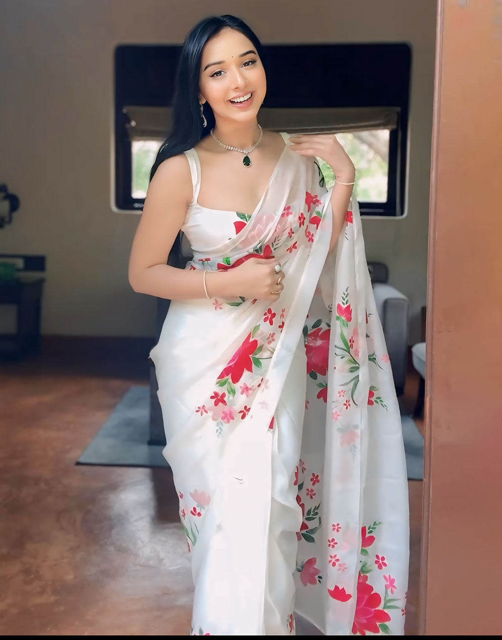 White Georgette Ready to Wear Saree With Digitel Printed Work