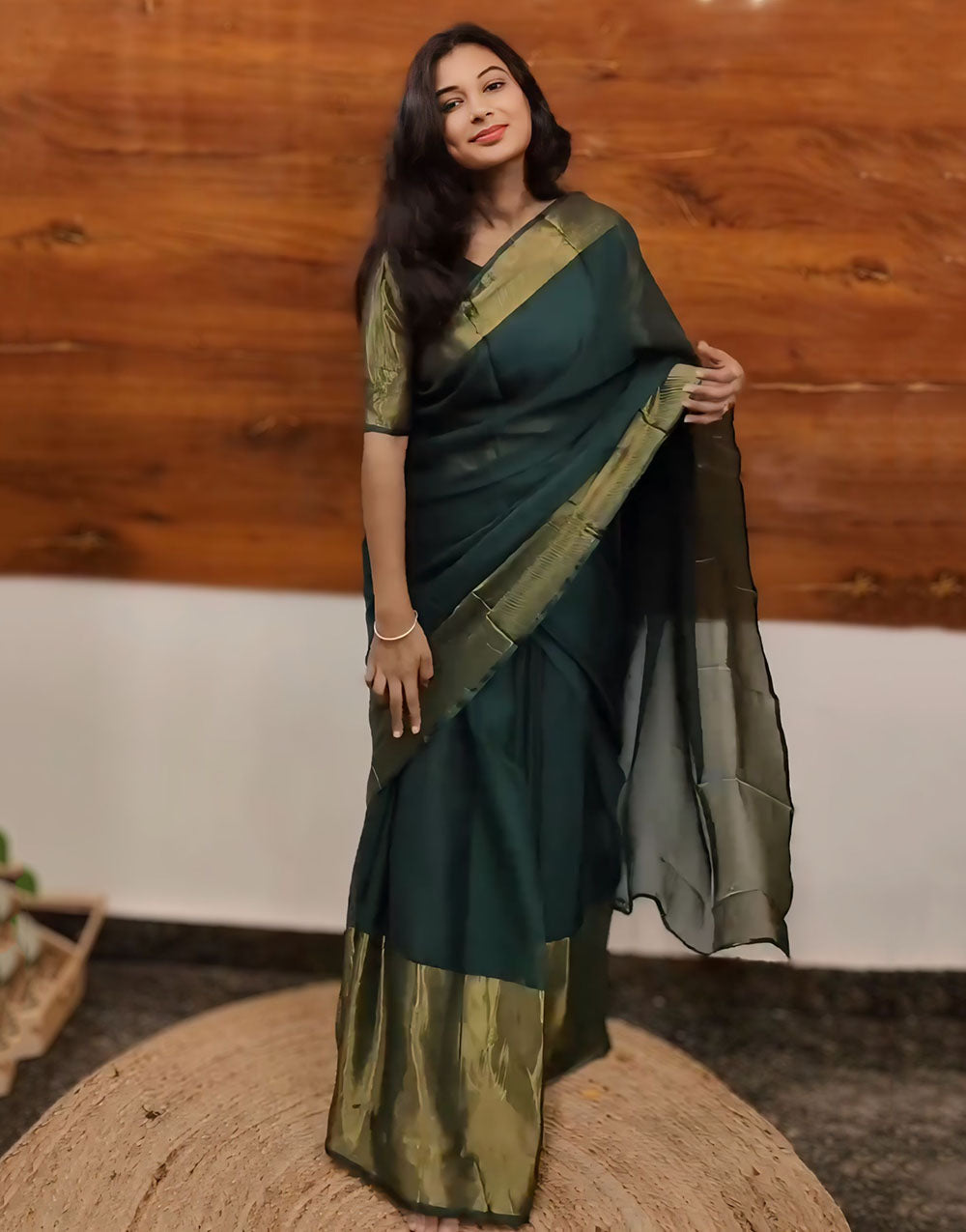 Green Chiffon Ready To Wear Saree With Weaving Work