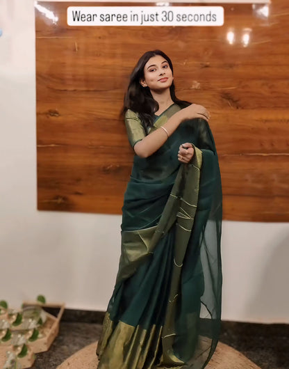 Green Chiffon Ready To Wear Saree With Weaving Work