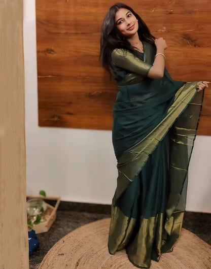 Green Chiffon Ready To Wear Saree With Weaving Work