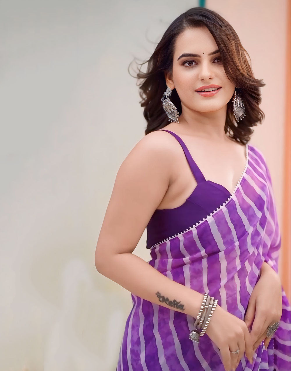 Purple Georgette Ready To Wear Saree With Printed Work