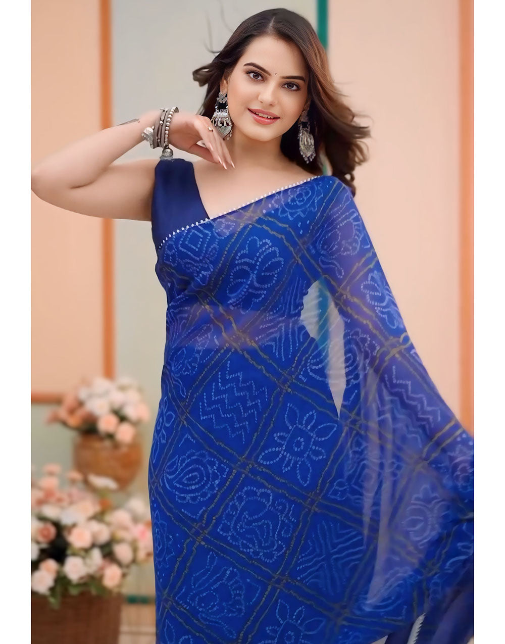 Elegant Blue Chiffon Bandhani Printed Ready To Wear saree