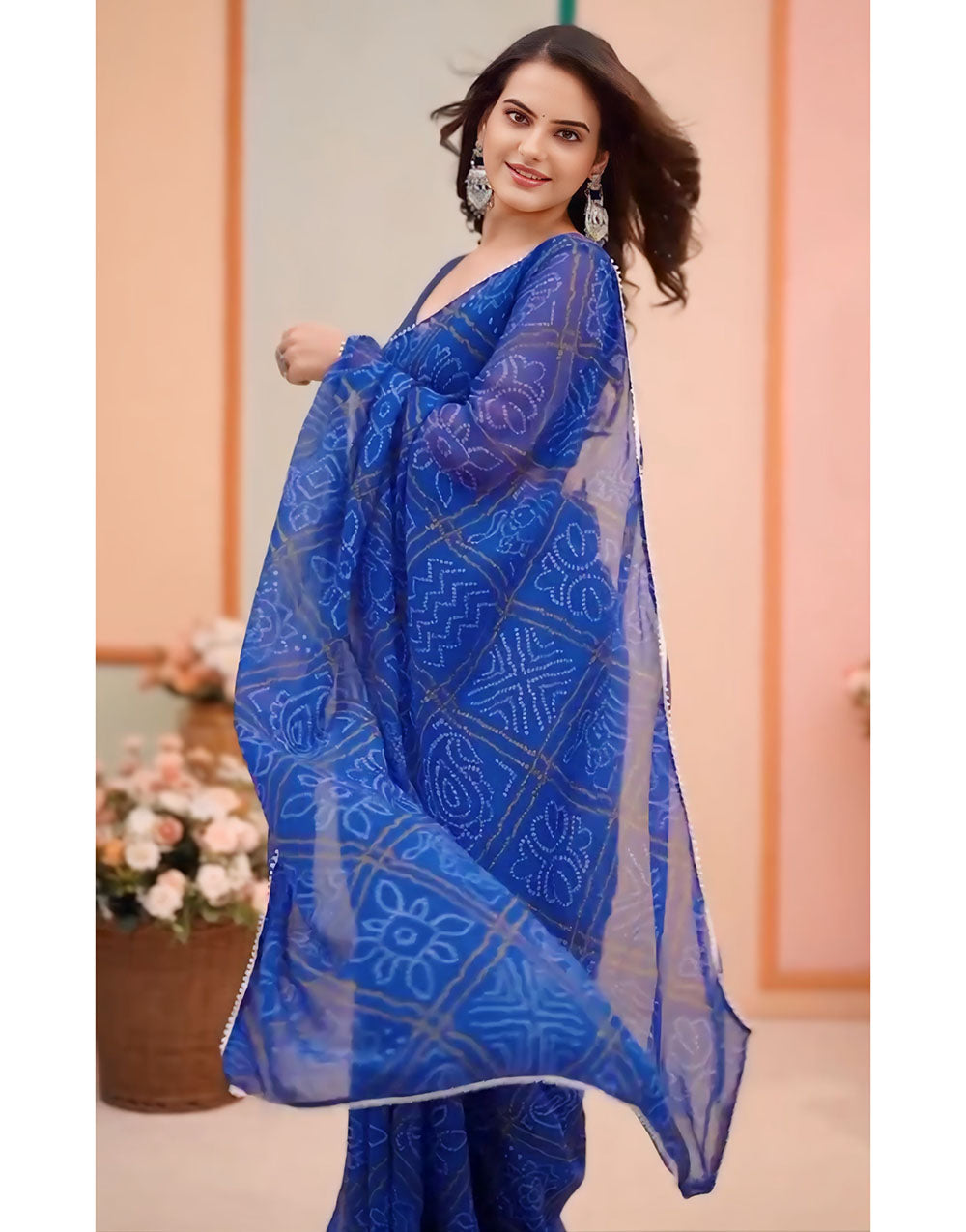 Elegant Blue Chiffon Bandhani Printed Ready To Wear saree