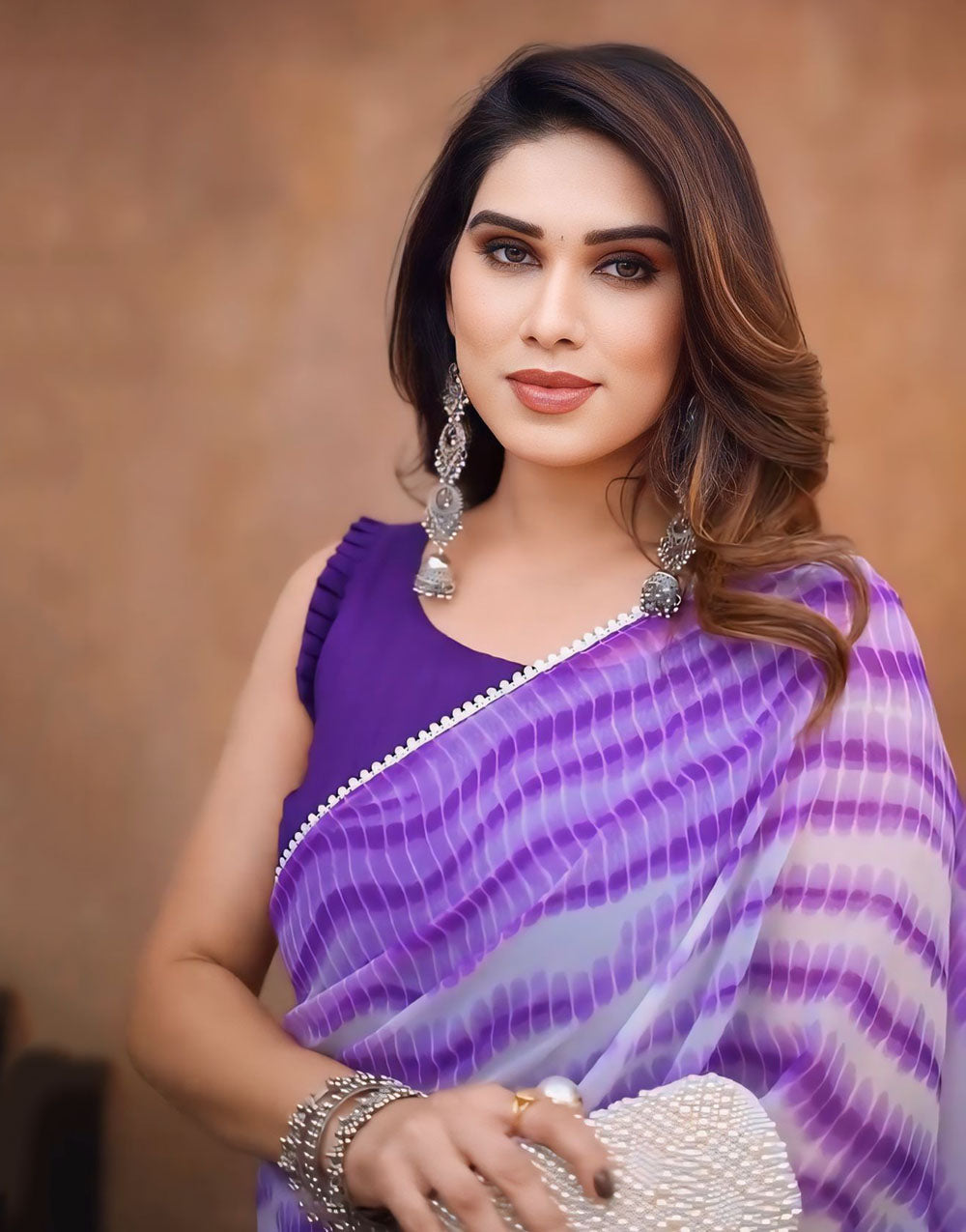 Purple & White Georgette Ready To Wear Saree With Printed Work