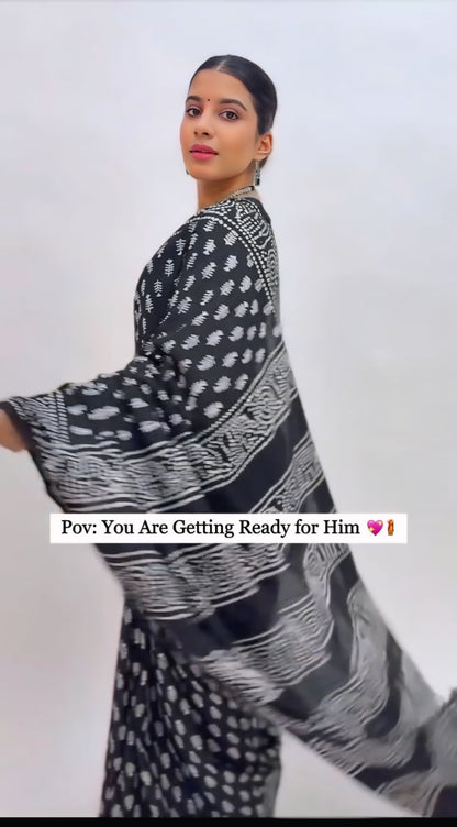 Black Colour Mul Cotton Ready To Wear Saree With Pocket