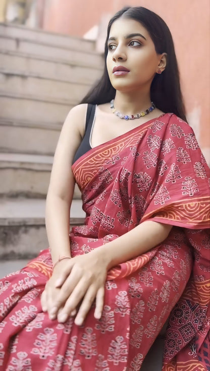 Orange Colour Mul Cotton Ready To Wear Saree With Pocket