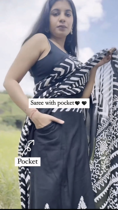 Black Colour Mul Cotton Ready To Wear Saree With Pocket