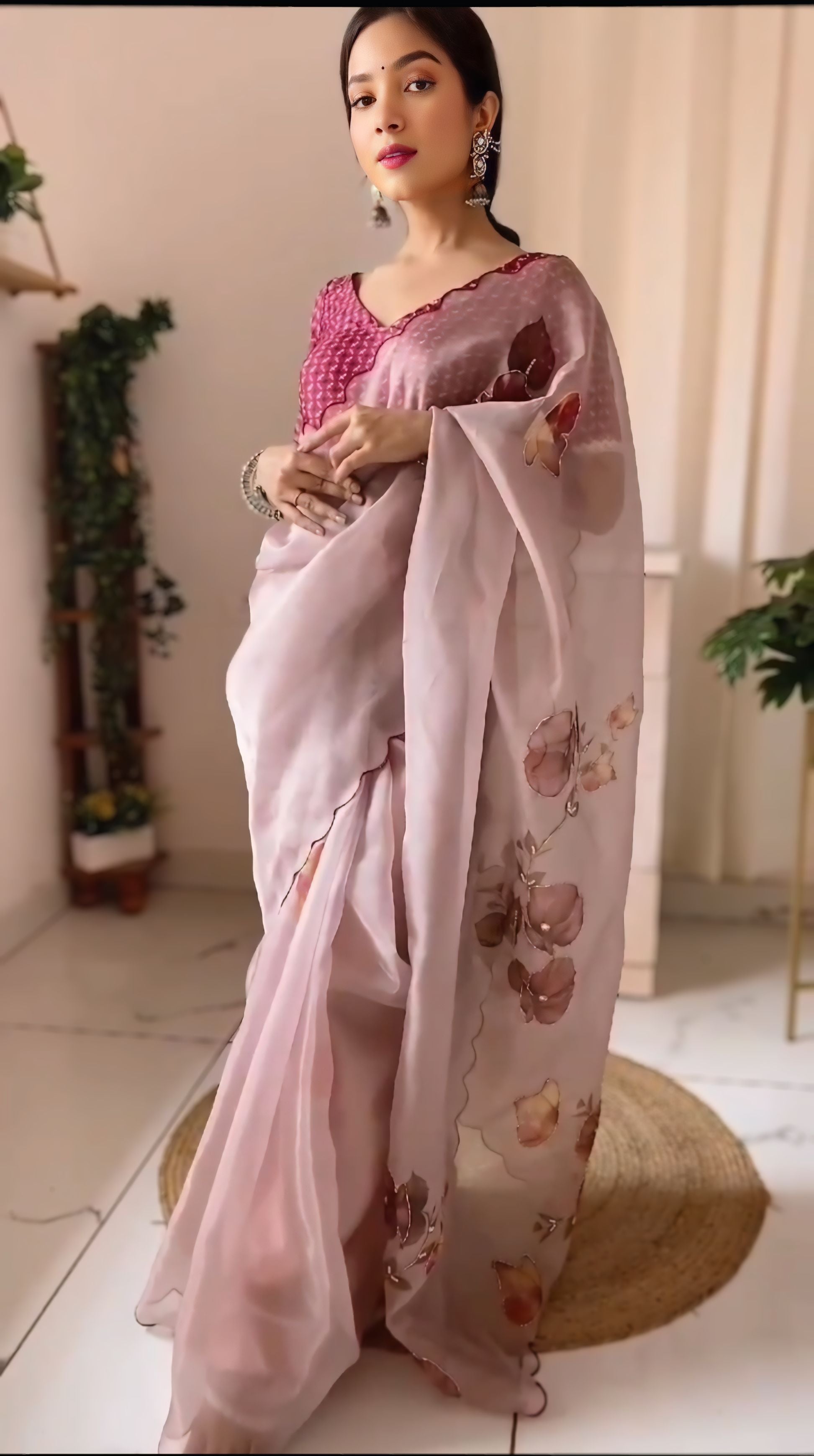 BabyPink Colour Orgenza Silk Ready To Wear Saree With Stitched Blouse