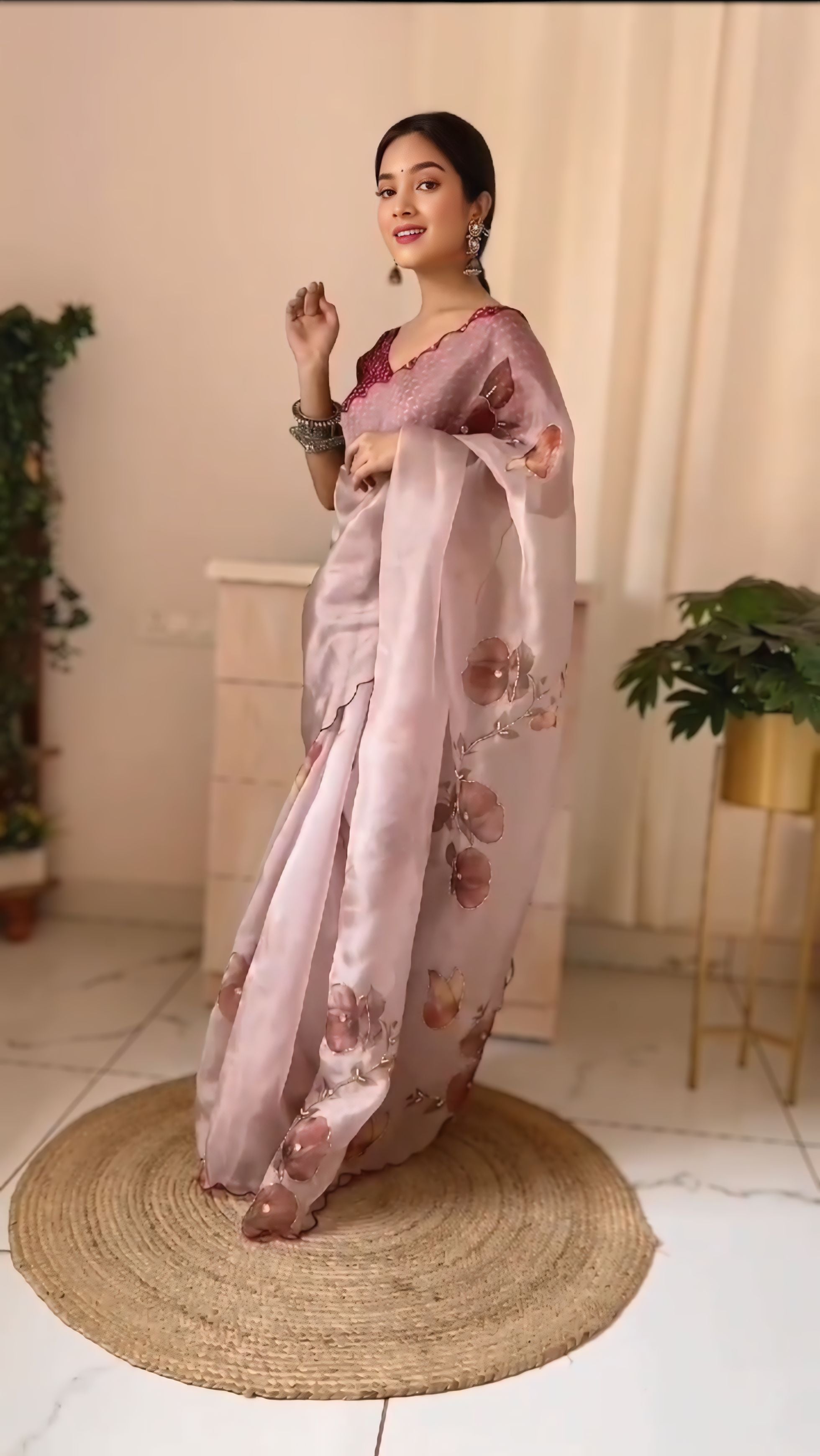 BabyPink Colour Orgenza Silk Ready To Wear Saree With Stitched Blouse