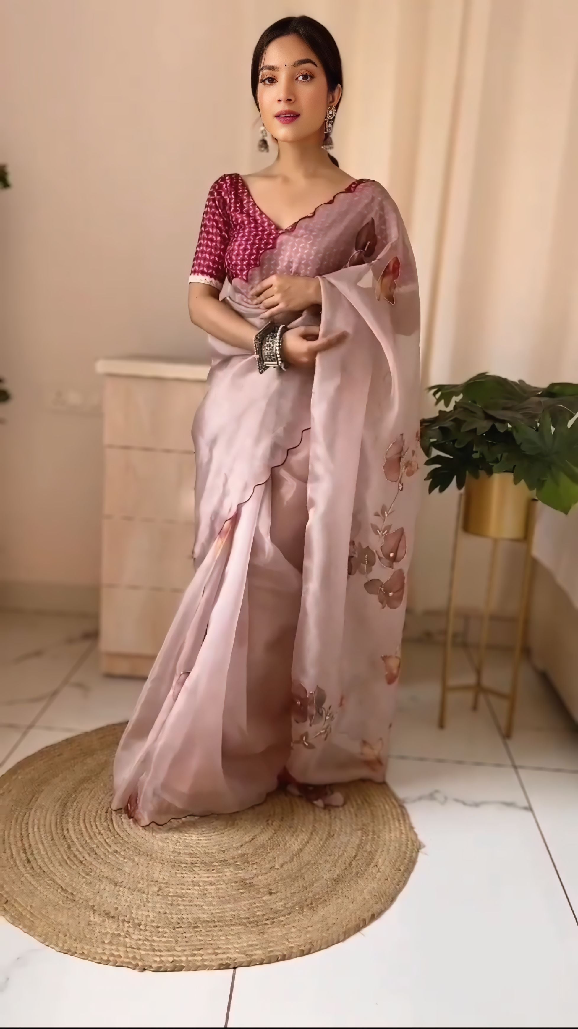 BabyPink Colour Orgenza Silk Ready To Wear Saree With Stitched Blouse