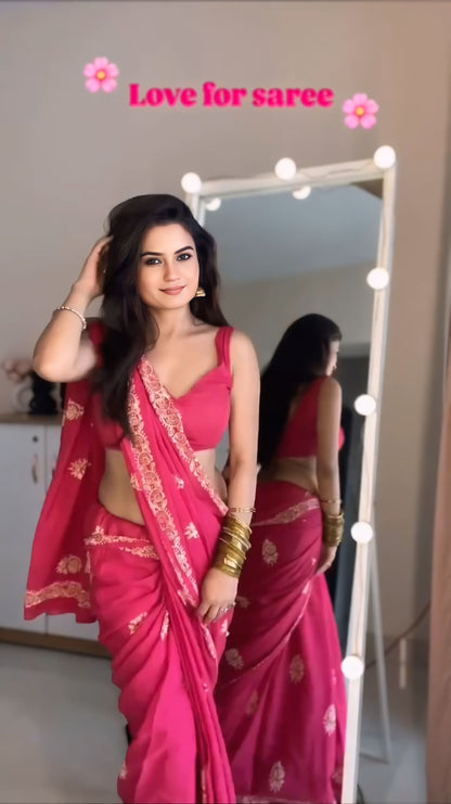 Baby Pink  Mul Cotton Ready To Wear Saree With Pocket