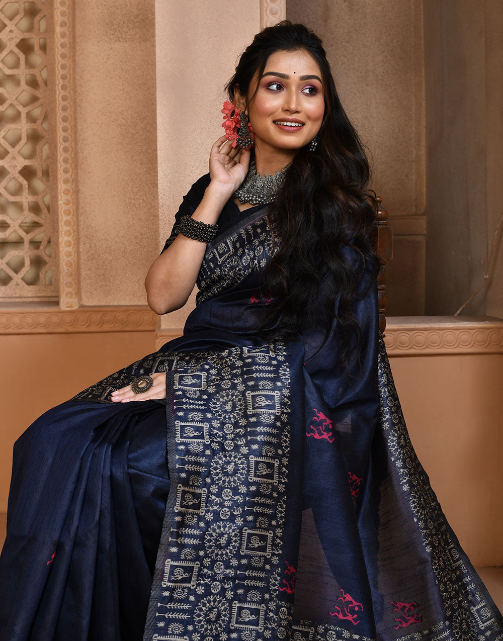 Navy Blue Silk Saree With Weaving Work