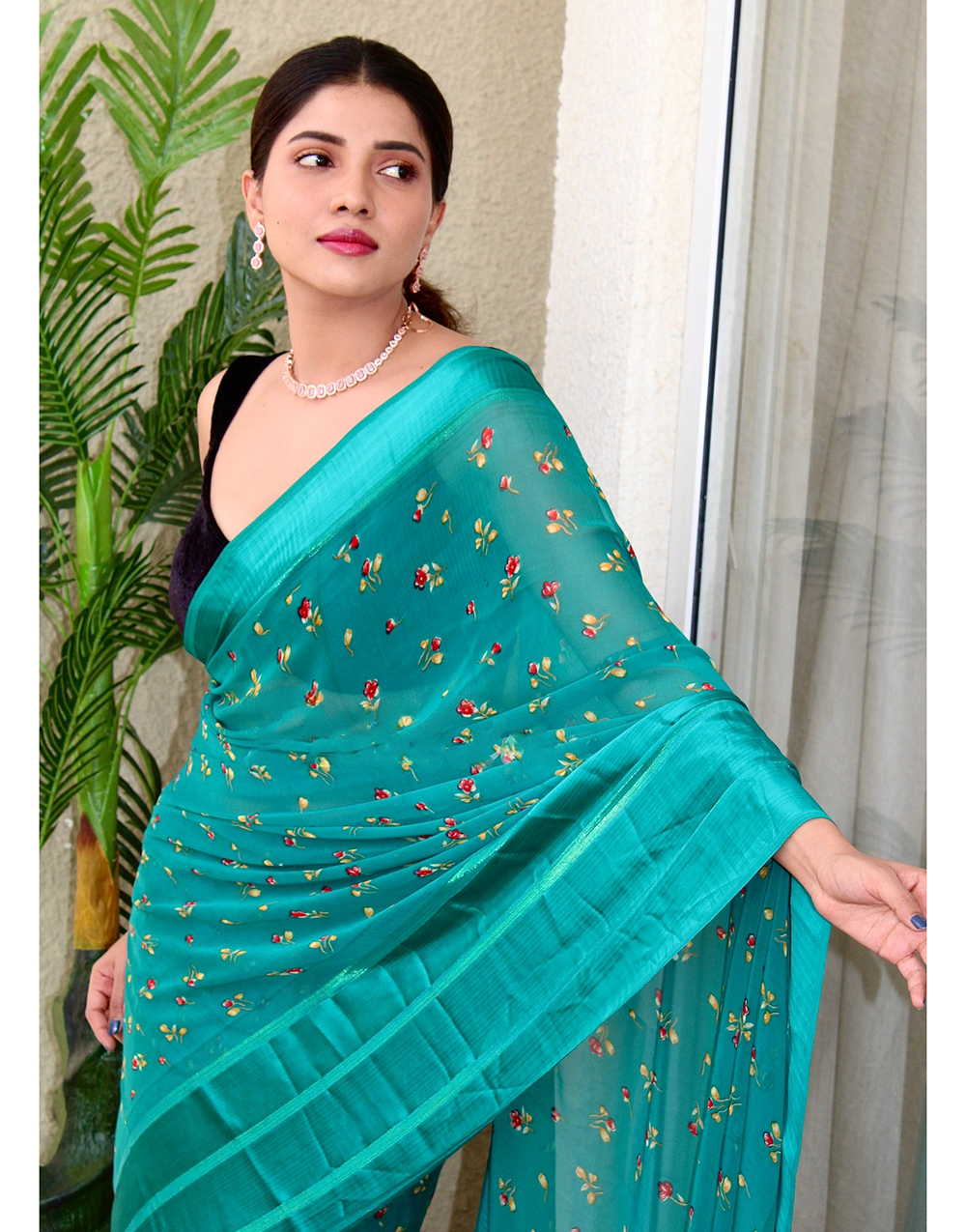 Rama Green Georgette Printed Saree With Satin Pallu