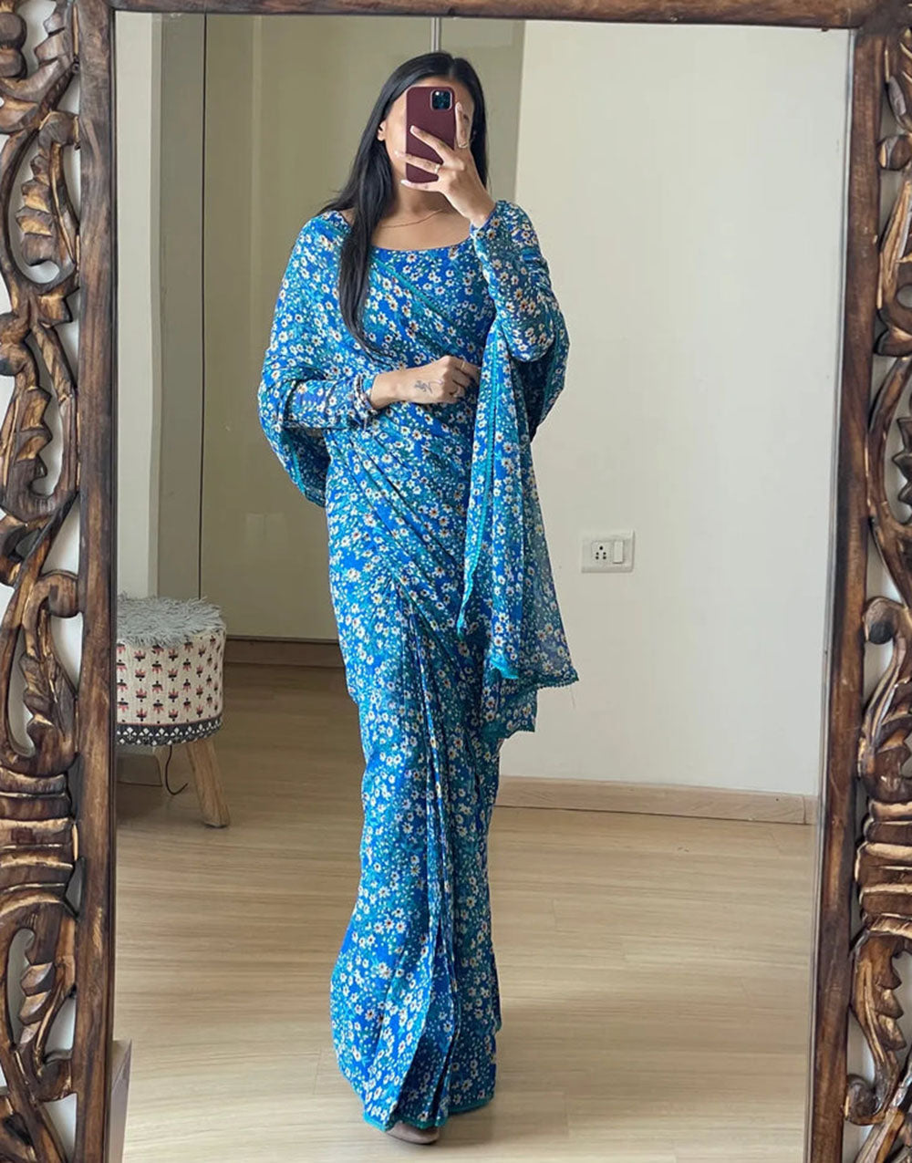 Blue Georgette Ready To Wear Saree