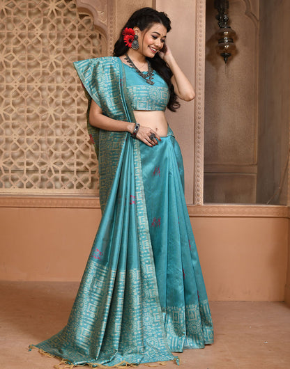 Sky Blue Silk Saree With Weaving Work