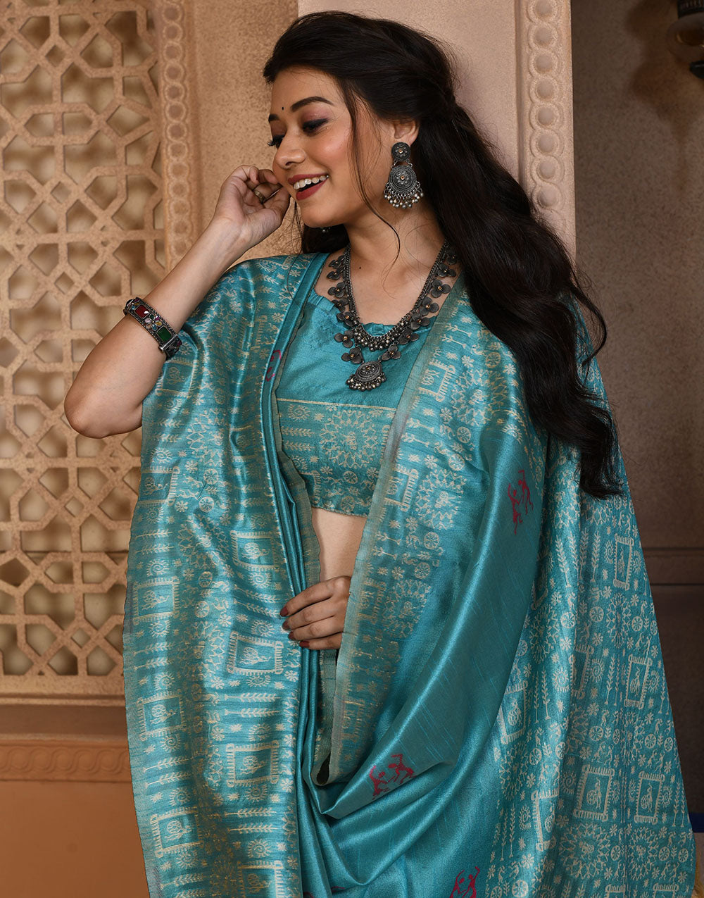 Sky Blue Silk Saree With Weaving Work