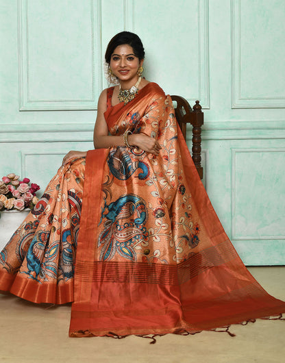 Light Orange Soft Tussar Silk Saree With Kalamkari Printed Work