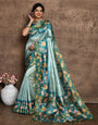 Sky Blue Soft Tussar Silk Saree With Floral Printed Work