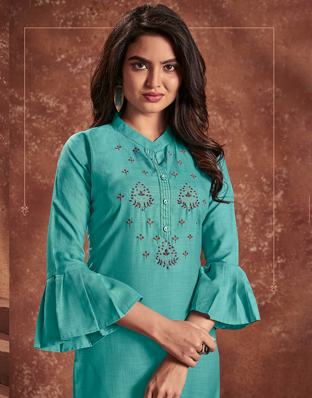 Teal Blue Cotton With Heavy Embroidery Work Kurti