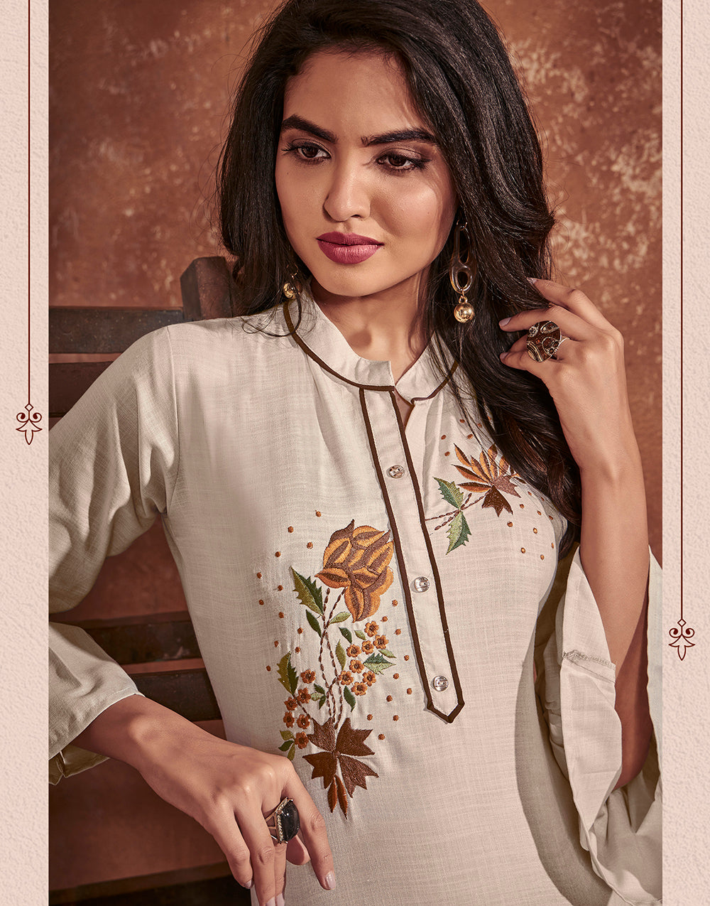 Stone Beige Cotton With Heavy Embroidery Work Kurti