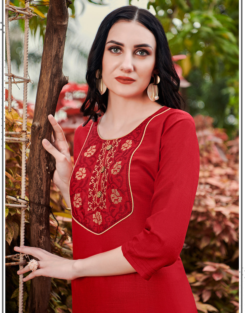 Red Cotton With Heavy Embroidery Work Kurti