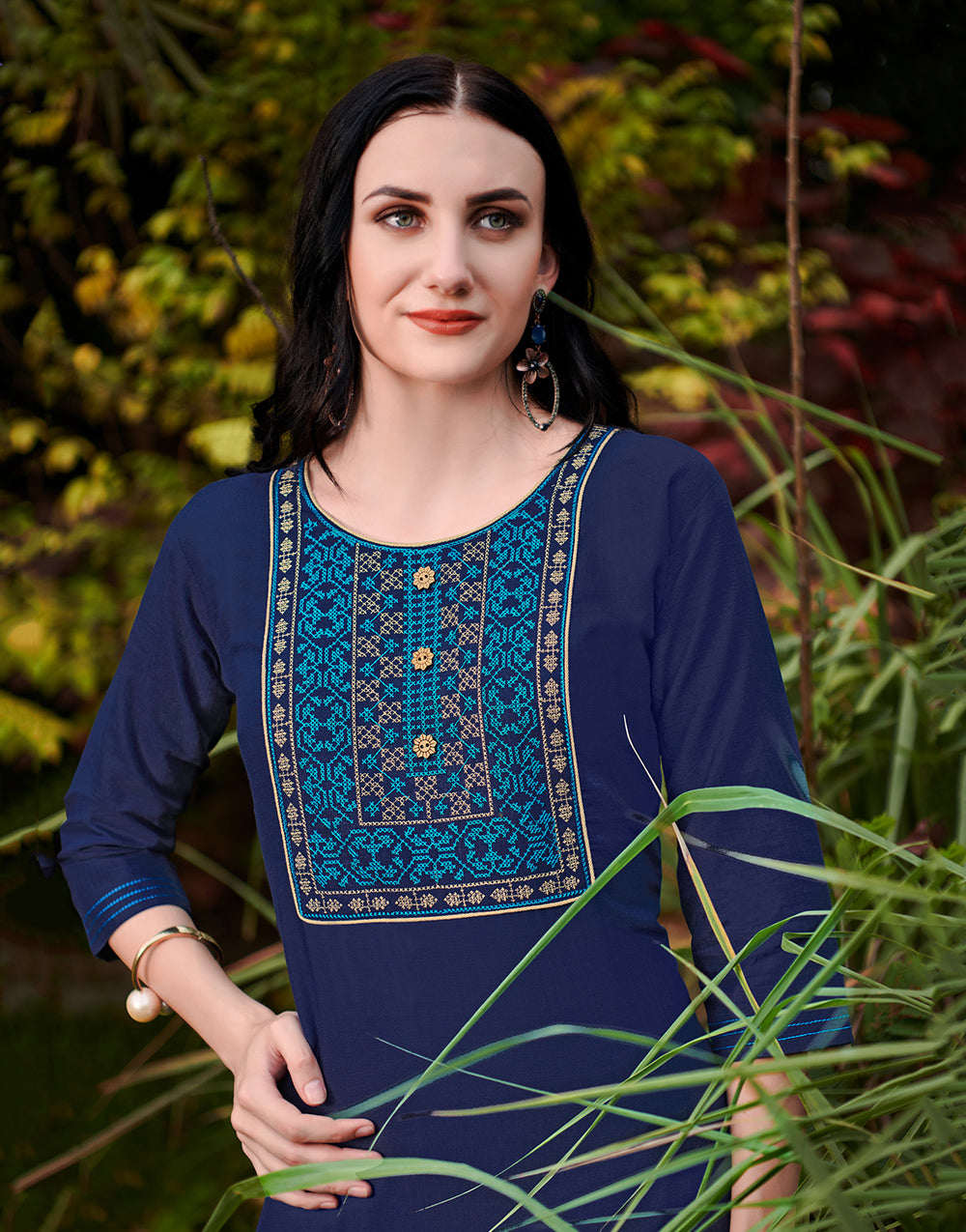 Navy Blue Cotton With Heavy Embroidery Work Kurti