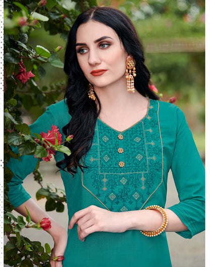 Rama Green Cotton With Heavy Embroidery Work Kurti