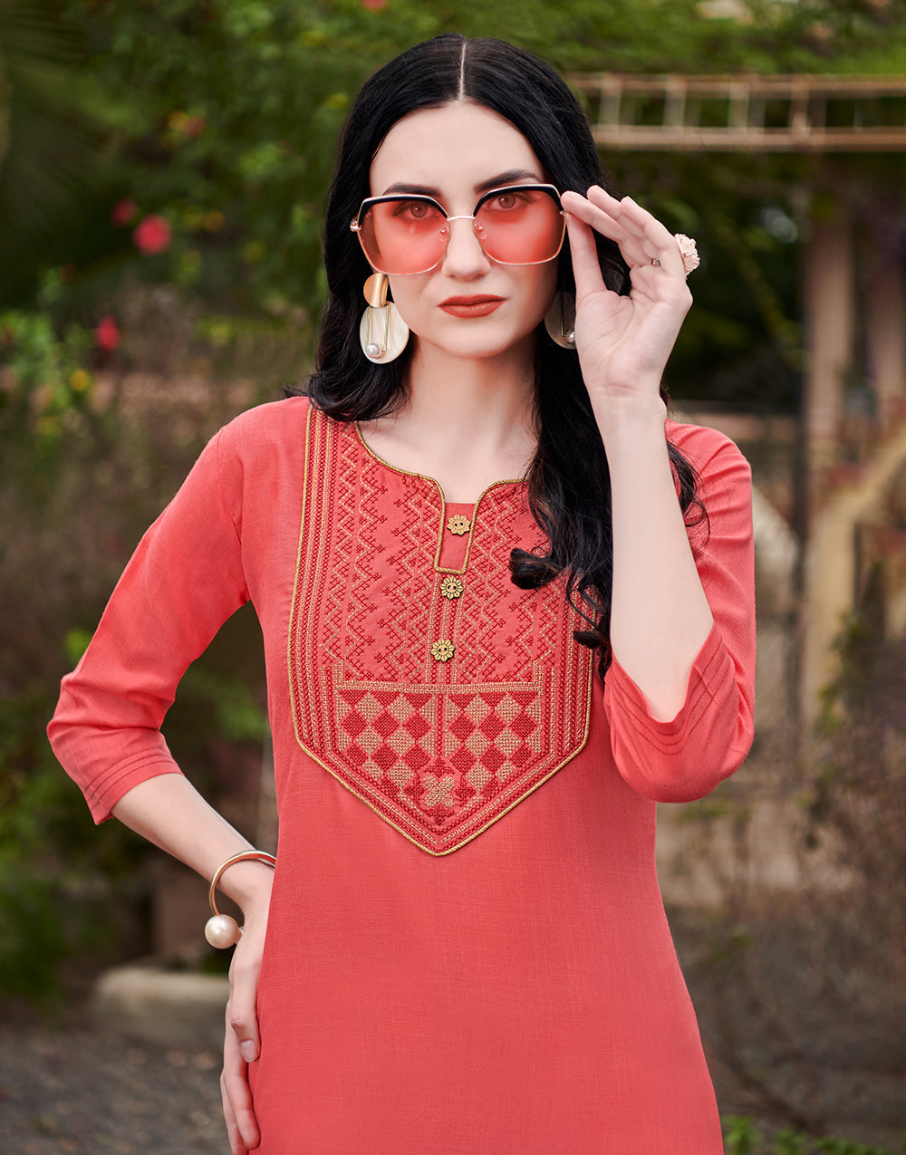 Orange Red Cotton With Heavy Embroidery Work Kurti