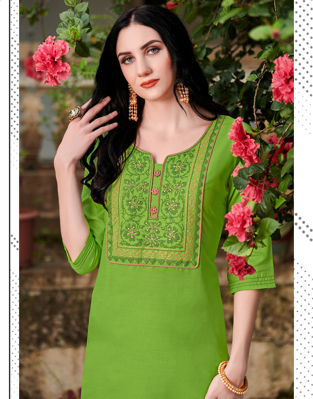 Parrot Green Cotton With Heavy Embroidery Work Kurti