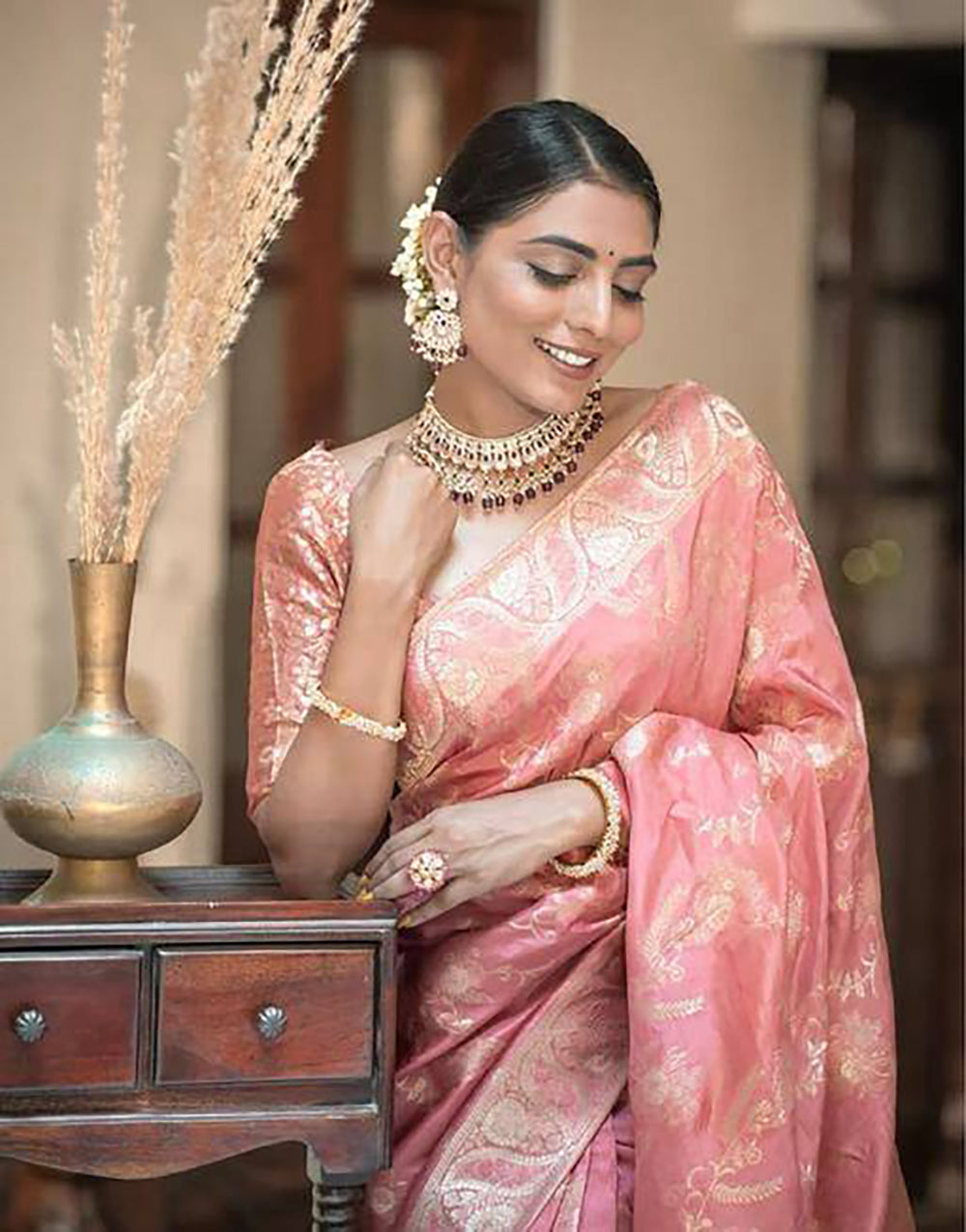 Peach Banarasi Silk Saree With Zari Weaving Work