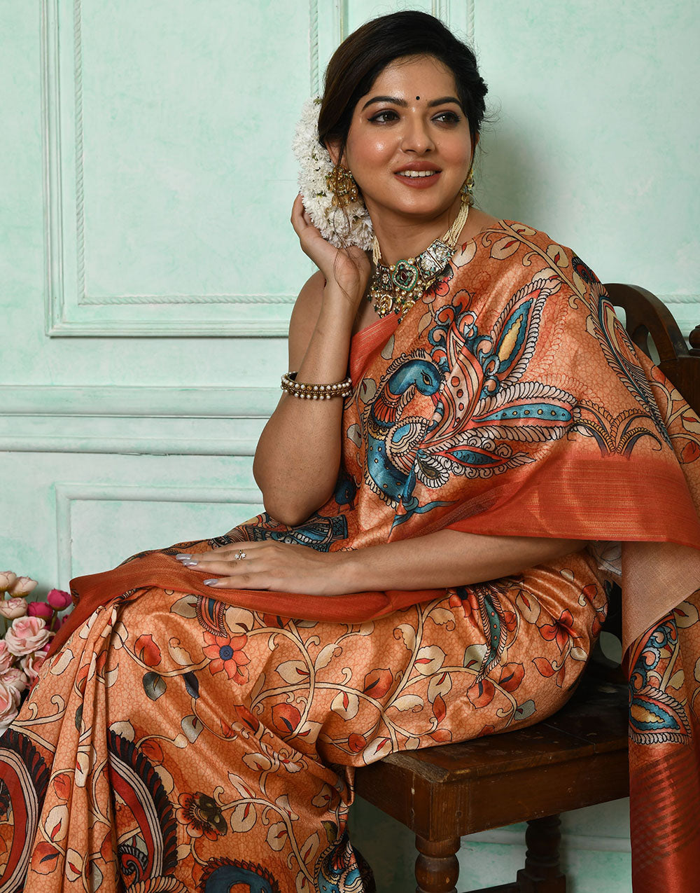 Light Orange Soft Tussar Silk Saree With Kalamkari Printed Work