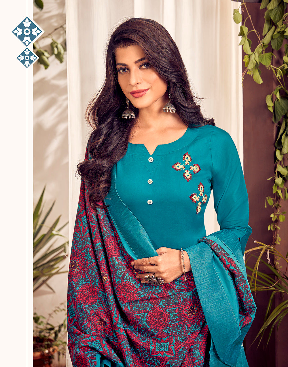 Teal Blue Jam Cotton With Embroidery Work Kurti Per