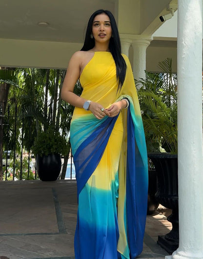 Yellow & Blue Georgette With Printed Ready To Wear Saree