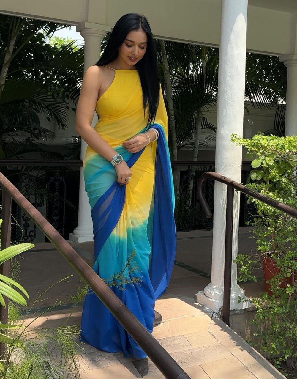 Yellow & Blue Georgette With Printed Ready To Wear Saree