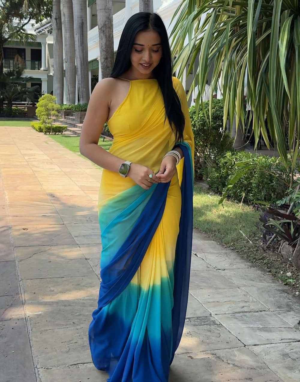 Yellow & Blue Georgette With Printed Ready To Wear Saree