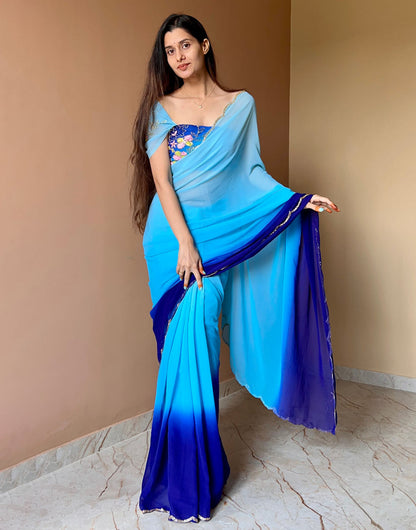 Blue Georgette With Printed Ready To Wear Saree