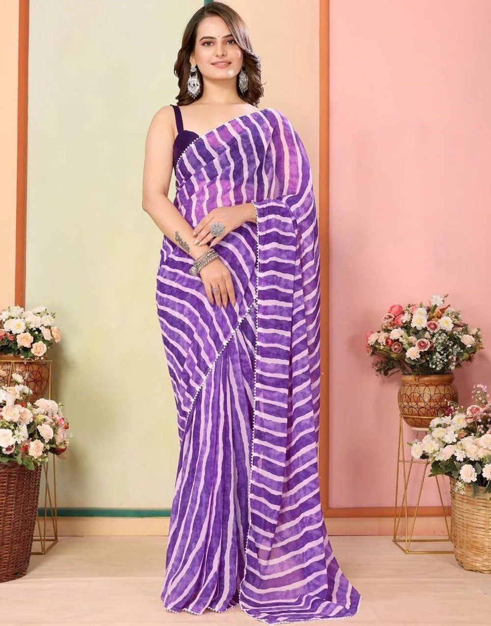 Purple Georgette Ready To Wear Saree With Printed Work