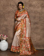 Peach Soft Tussar Silk Saree With Floral Printed Work