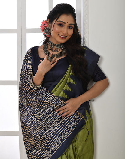 Pickle Green & Blue Tussar Silk Saree With Printed Work