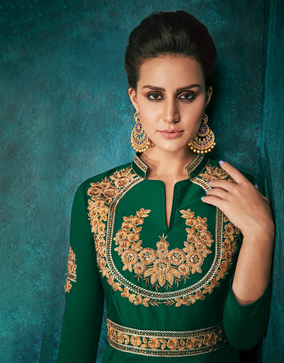 Green Silk Heavy Embroidered Gown