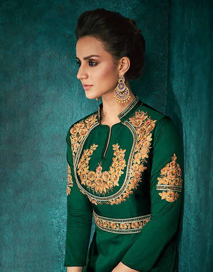 Green Silk Heavy Embroidered Gown