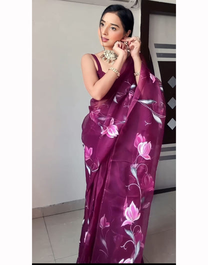 Wine Organza Ready To Wear Printed Saree