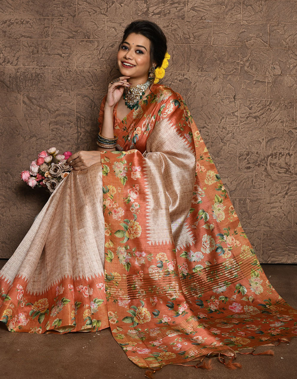 Peach Soft Tussar Silk Saree With Floral Printed Work