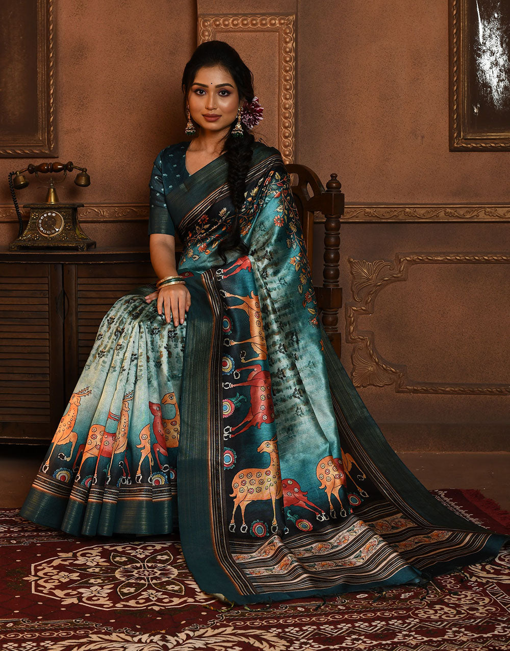 Peacock Blue Soft Tussar Silk Saree With Kalamkari Printed Work